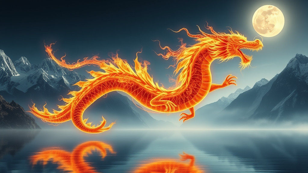 Fiery Dragon Soaring Over Mountain Lake