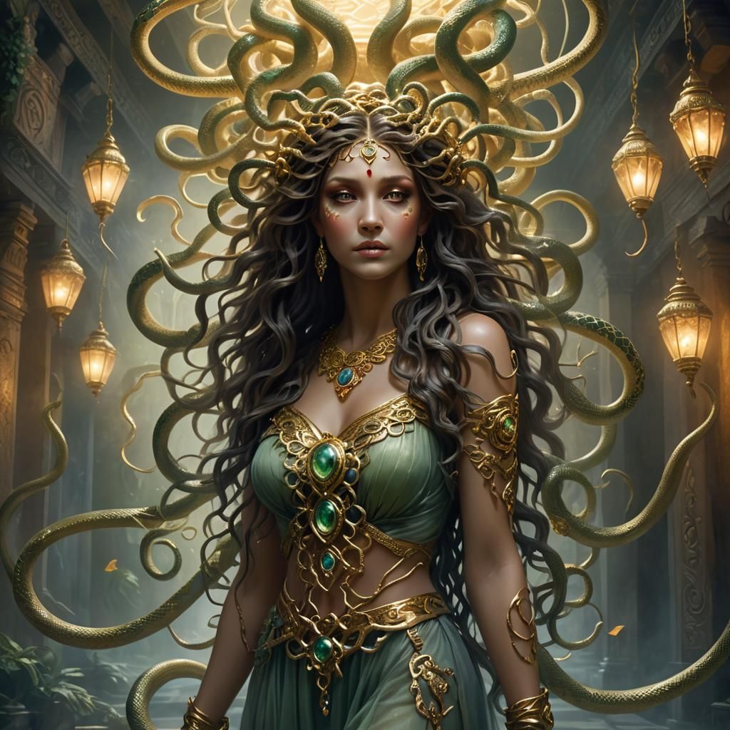 Ethereal Medusa in Misty Hallway with Golden Light