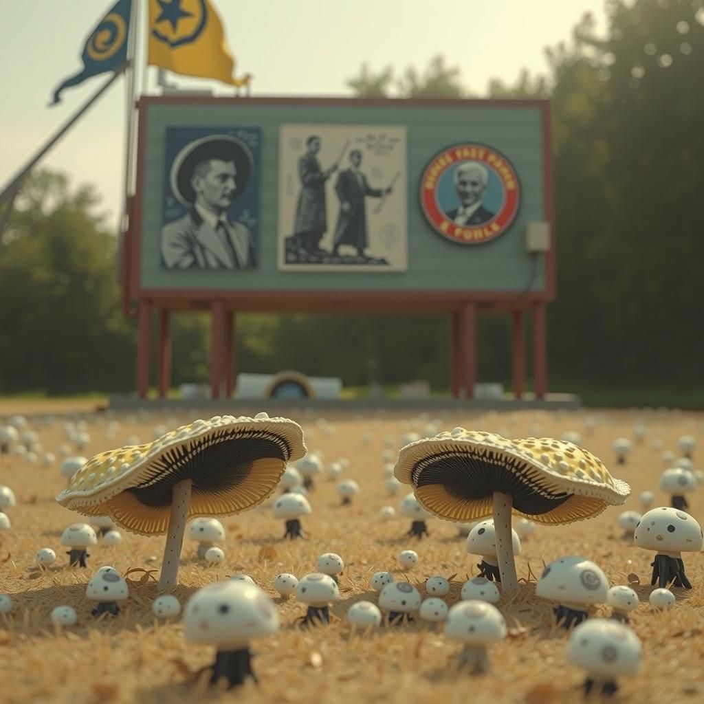 Porcelain Bureaucrats in Dystopian Mushroom Landscape