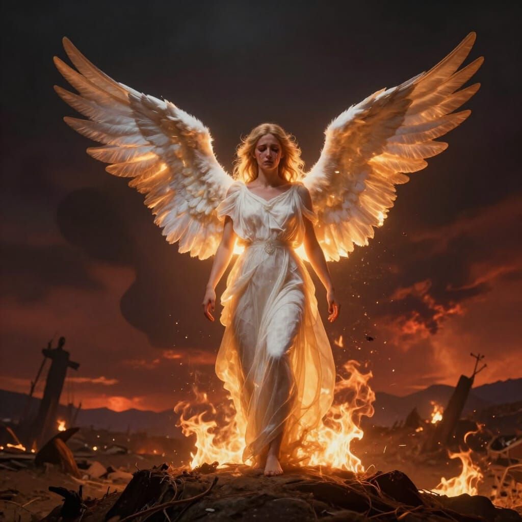 Angel Weeps Over Desolate End of World Battlefield