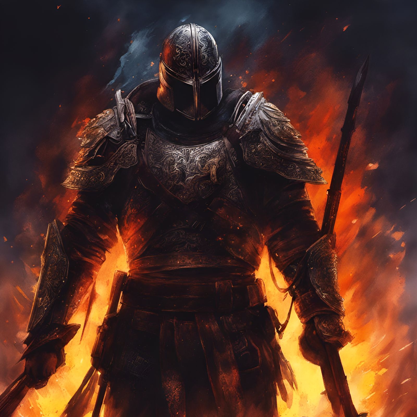 Wounded Men in Fire: Surreal Watercolor Painting