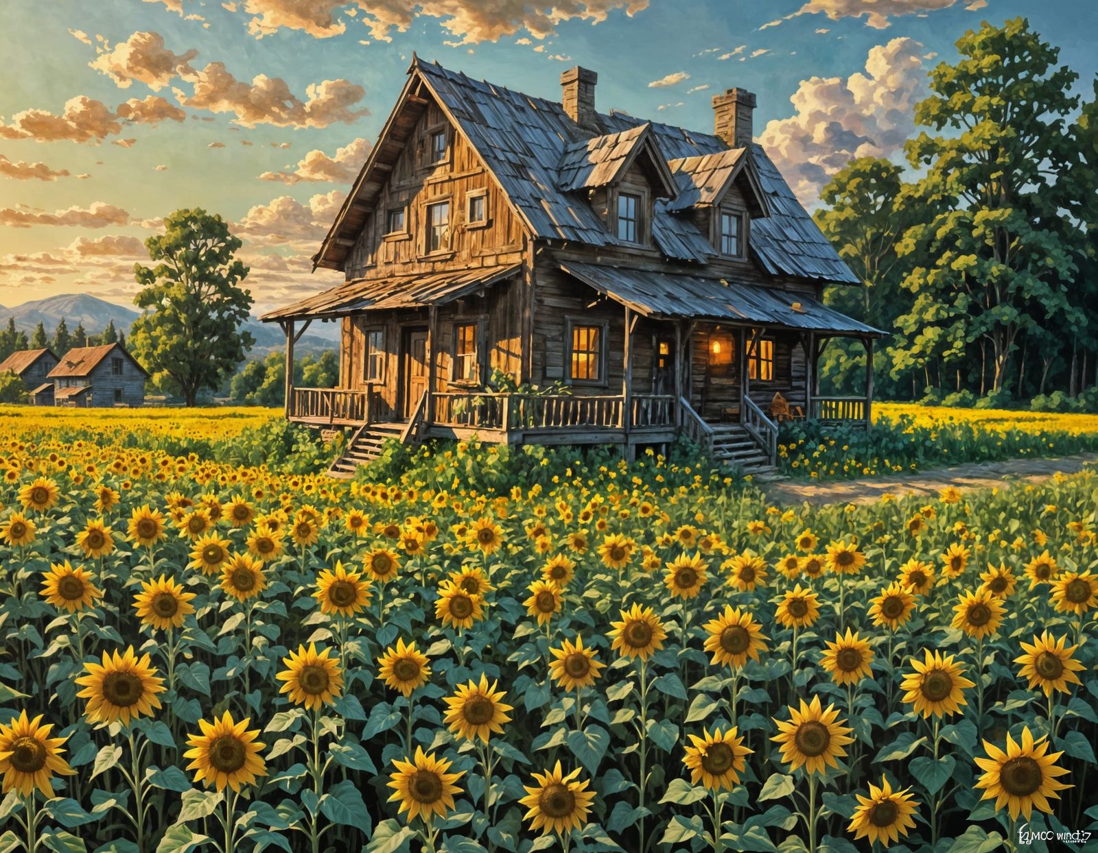 Cartoon Cabin in Sunflower Field: Digital Painting