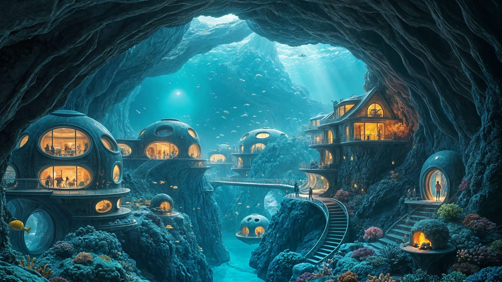 Surreal Underwater City in Bioluminescent Coral Reefs