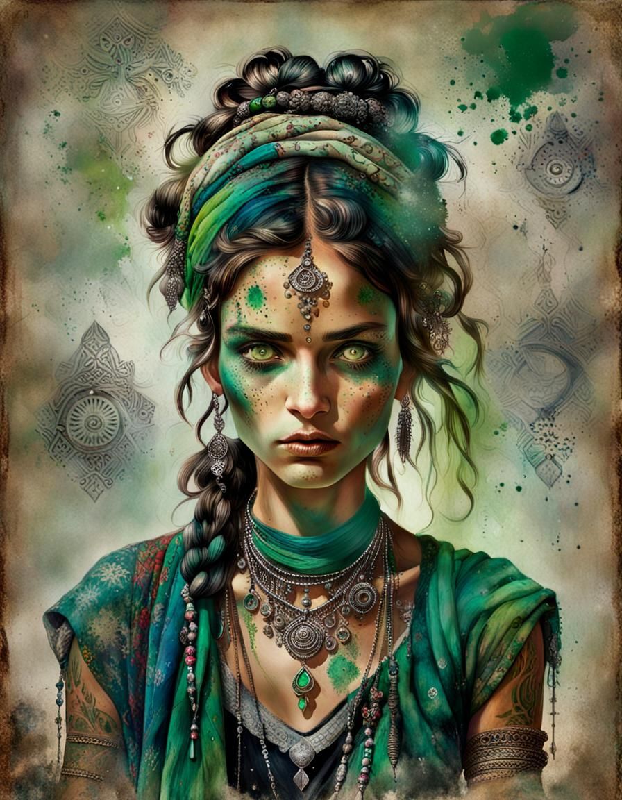 Bohemian Gypsy Woman Portrait with Triple Exposure