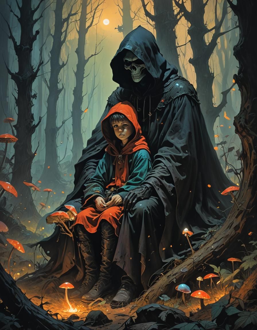 Boy and Grim Reaper in Eerie Forest