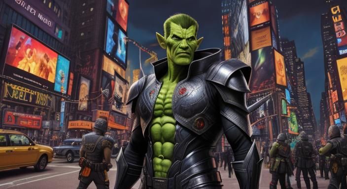 A Skrull Warrior, holding a Laser pistol. Standing on the st...