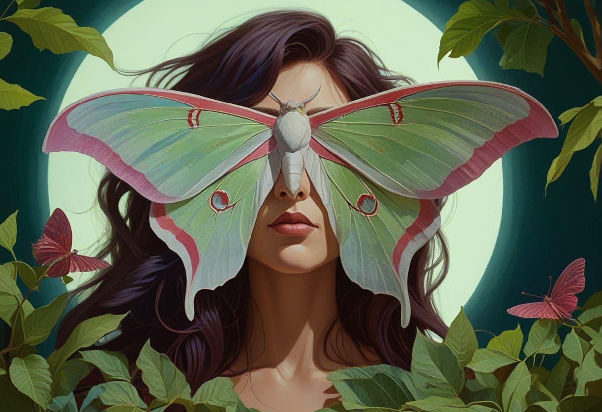 Woman's Face Covered by Luna Moth in Comic Style
