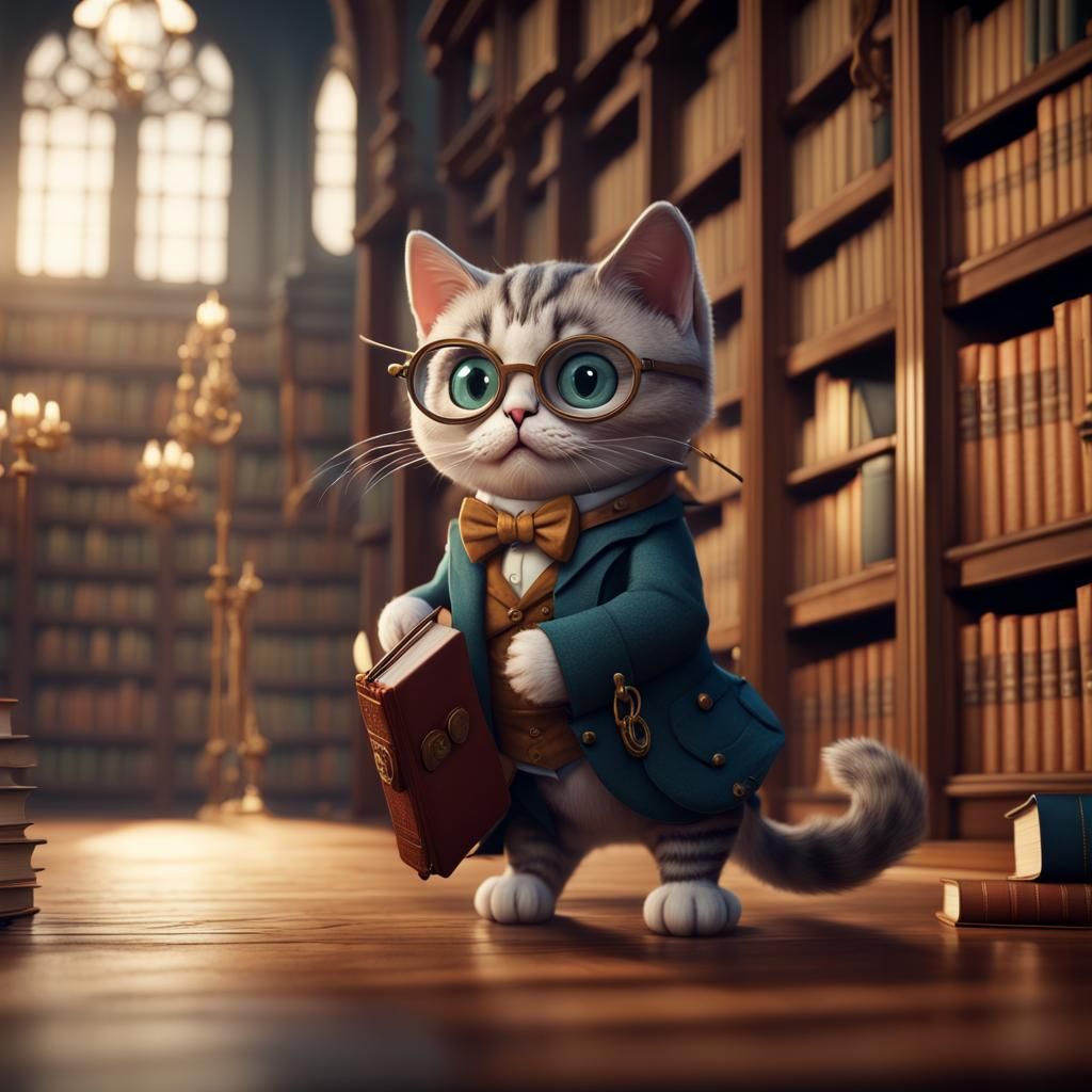 Sophisticated Librarian Cat in a Fantasy Library