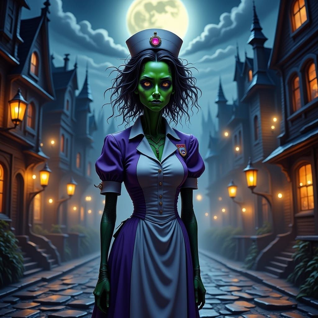 Wicked Witch Nurse on Moonlit Gothic Street