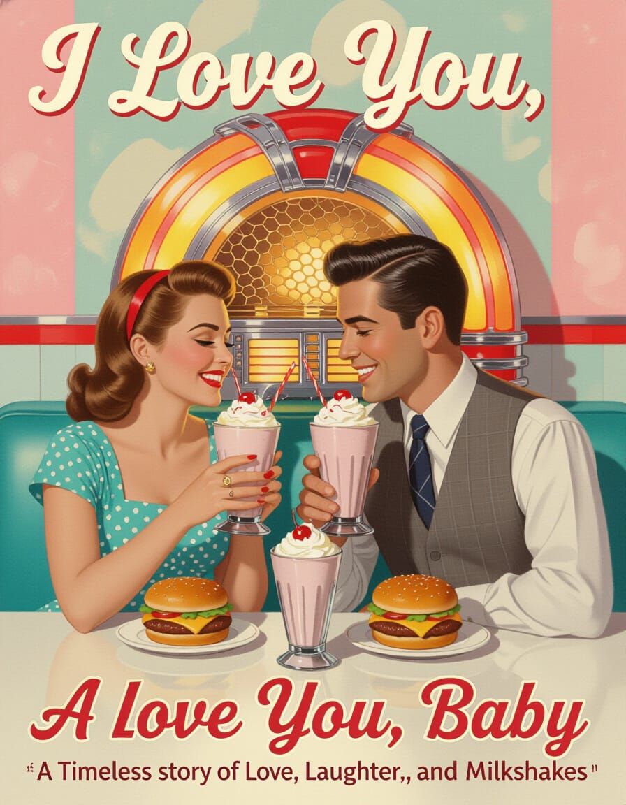 Charming Couple in 1950s Diner: Hand-Painted Poster Art