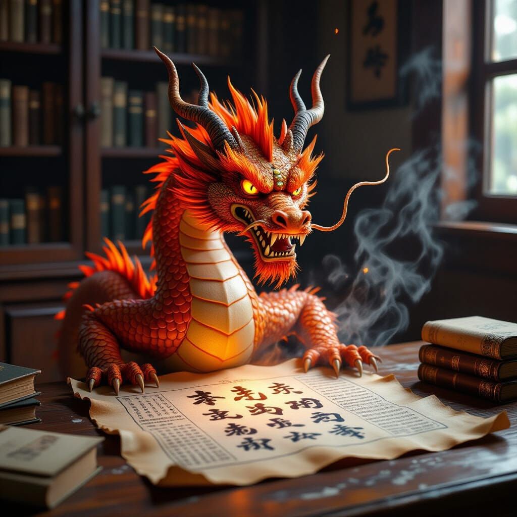 Furious Dragon Emerges from Ancient Chinese Parchment