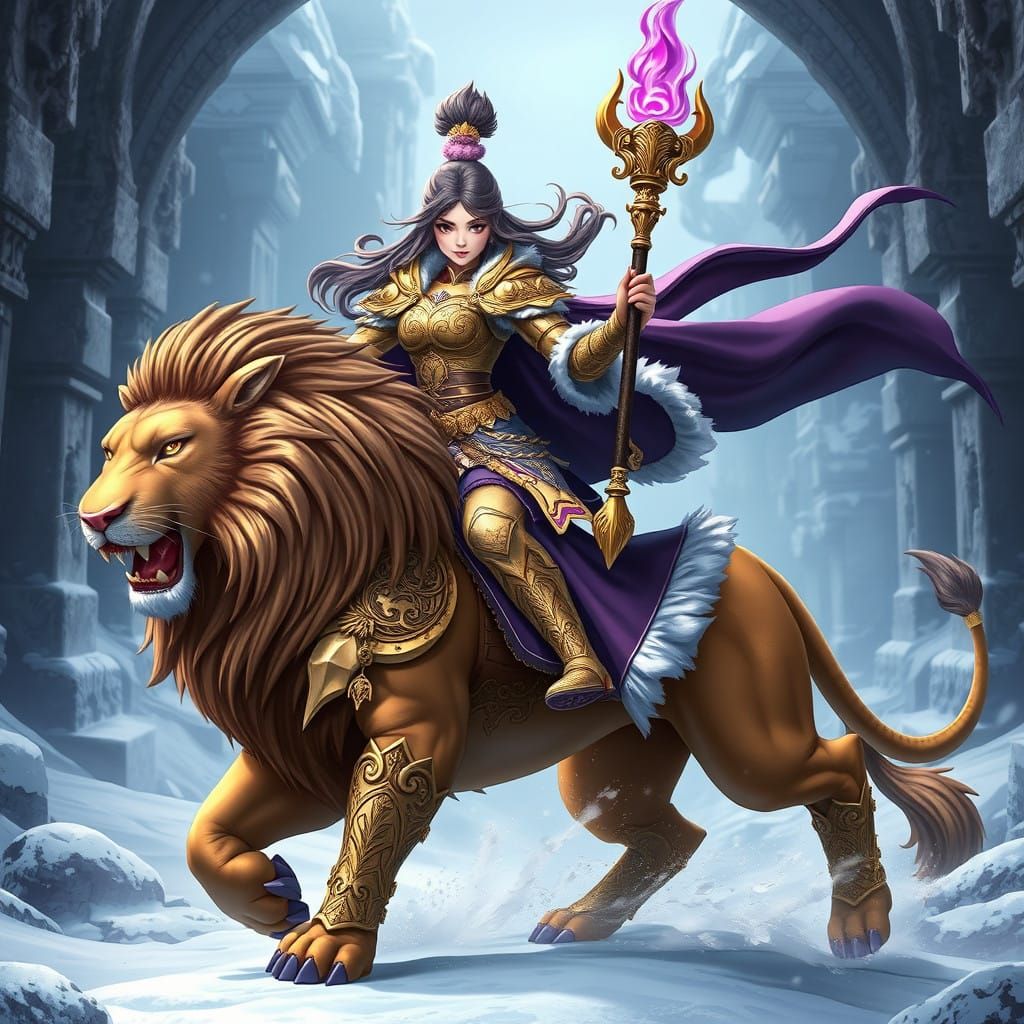 Majestic Fantasy Warrior Rides Lion Through Snowy Landscape ...