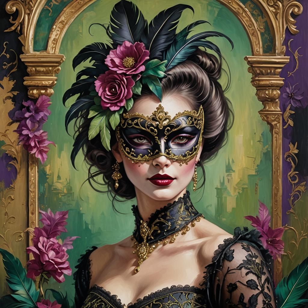 Venetian Masked Woman in Flowery Ballroom: Oil Painting