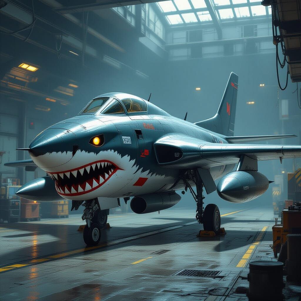 Shark-Faced Bomber Plane in Gritty Industrial Style