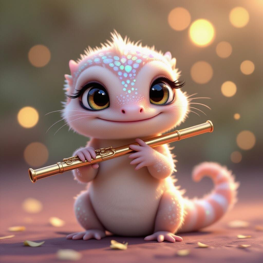 Cute Fluffy Gecko Plays Flute in Vibrant CGI Style