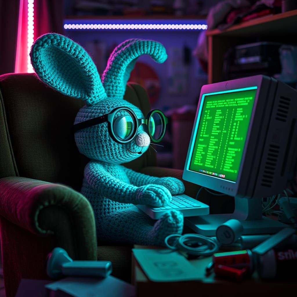 Crocheted Bunny Coding in Hyperrealistic Digital Art