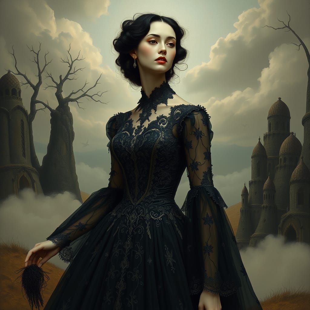 Surrealist Vision of an Enigmatic Woman in Victorian Gown