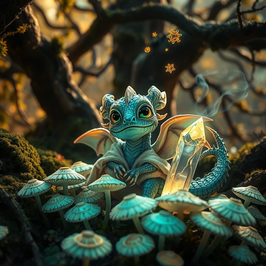 Baby Dragon Amidst Glowing Mushrooms in Whimsical Forest Sce...