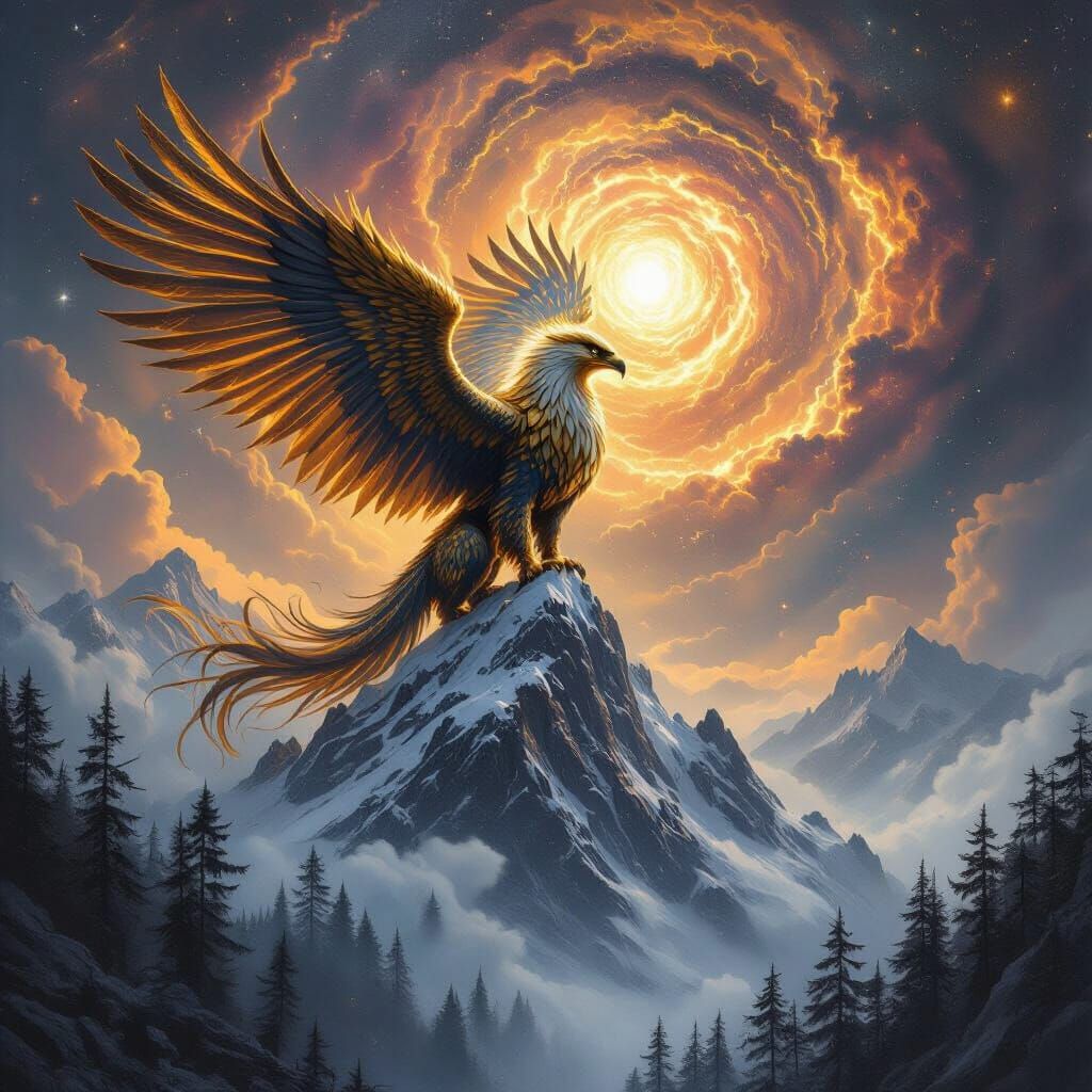 Majestic Griffin on Snowy Peak, Cosmic Sky
