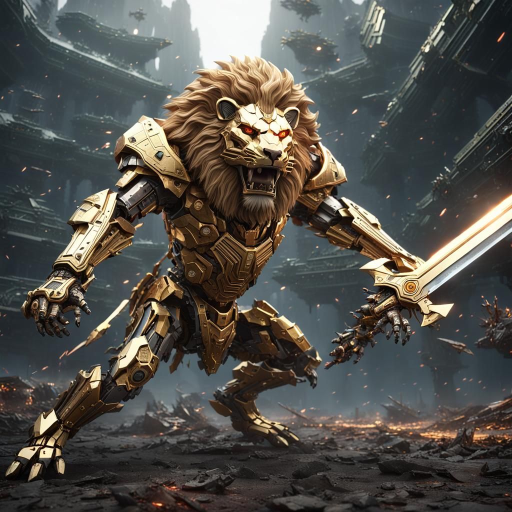 Golden Lion Warrior in Epic Sci-Fi Battle