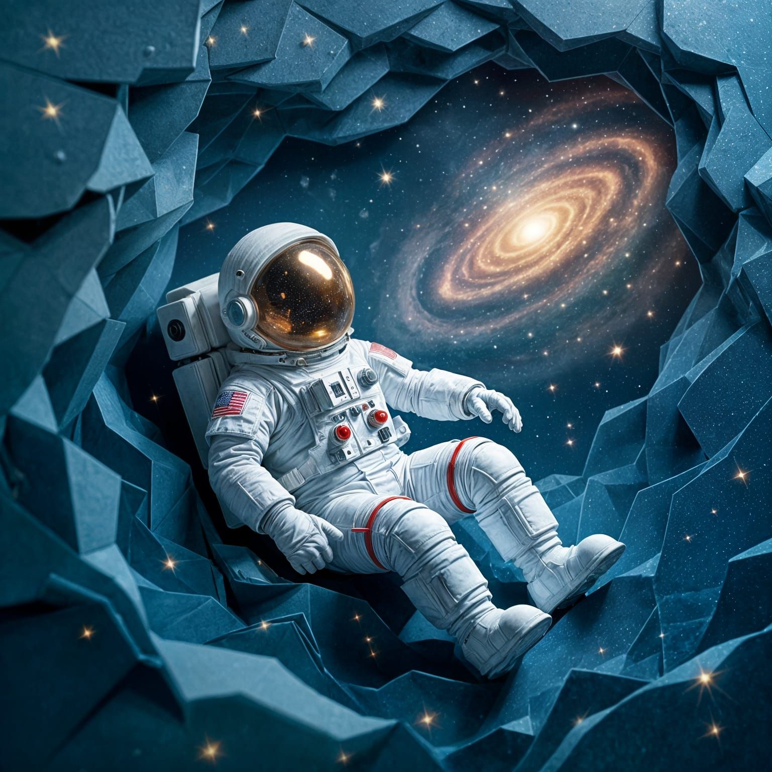 Astronaut in Papercraft Space as Delicate Paper Cutouts