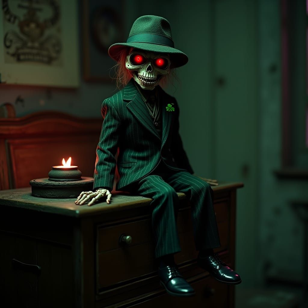 Skeletal Gangster in Dimly Lit Room