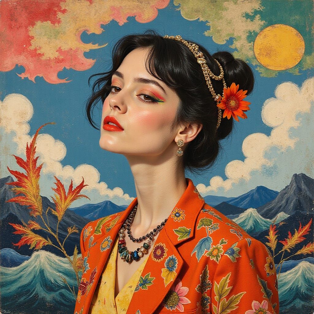 Vibrant Woman in Surreal Abstract Landscape Collage