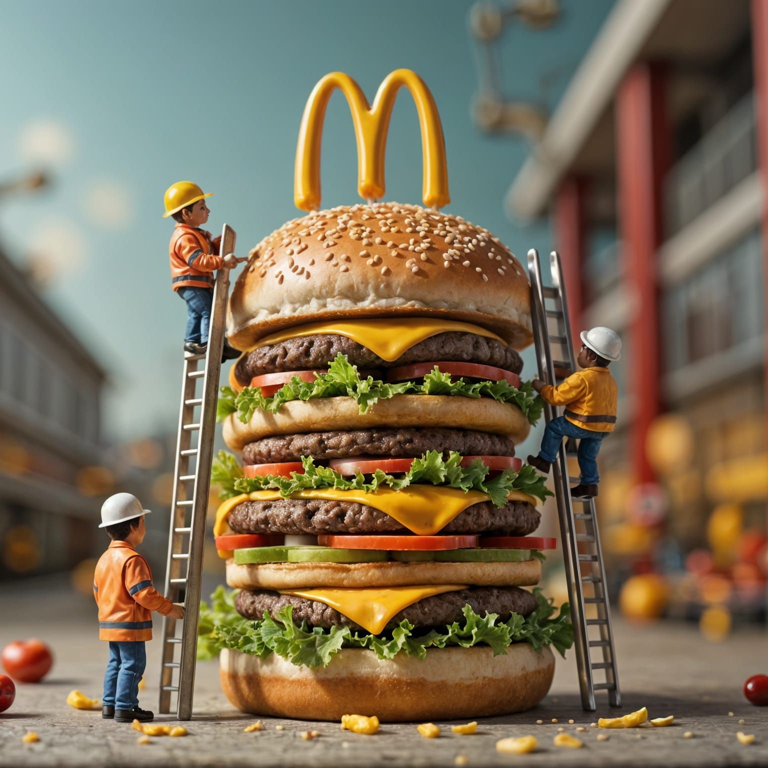 Miniature Workers Assemble Towering Burger, Photorealistic F...