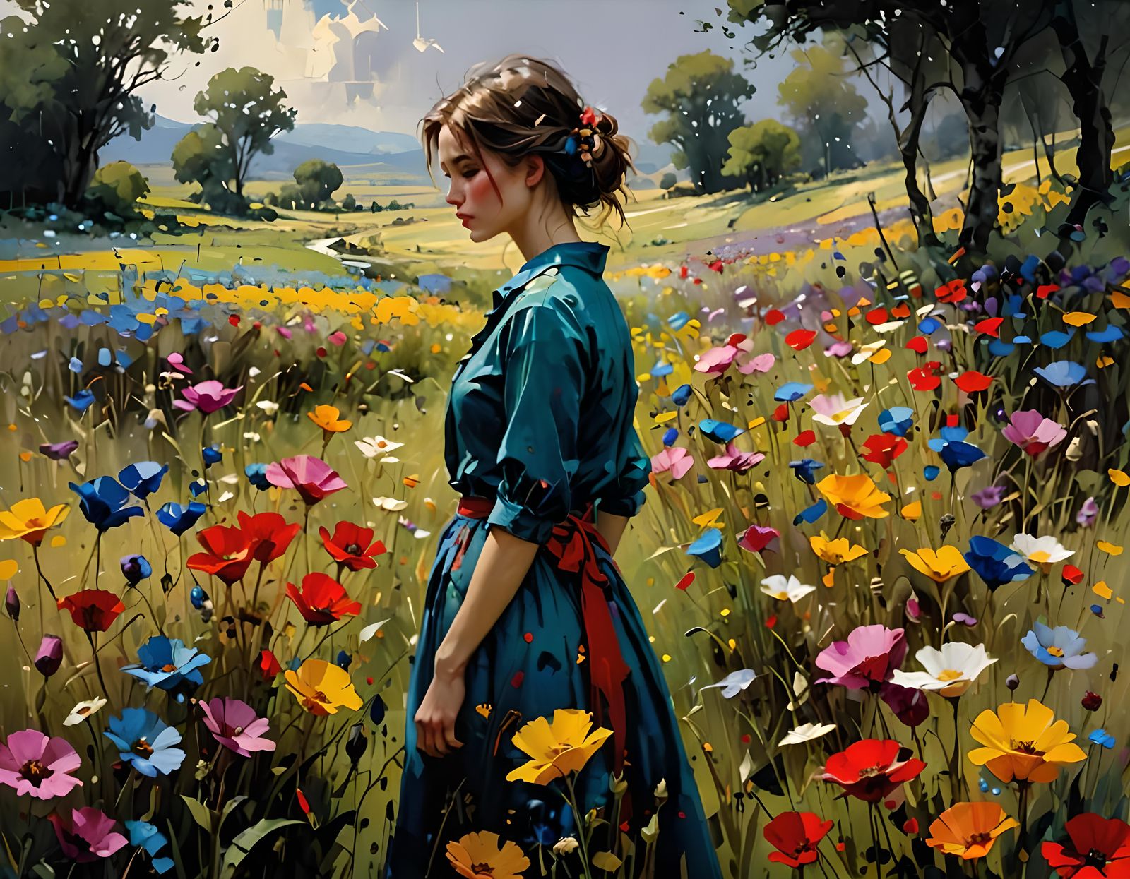 Colorful Beauty Flowers Meadow: Oil Painting
