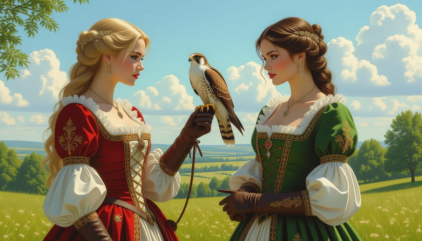 Renaissance Falconry: Two Women in 1450s Attire