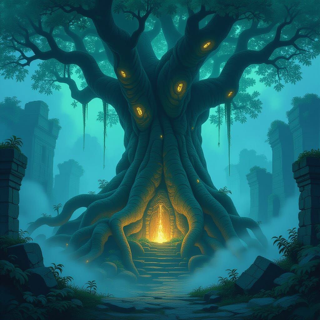 Ancient Tree Roots Glow Around Ruins in Ethereal Jungle