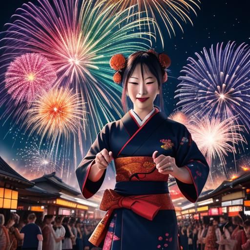 Japanese Fireworks Sparklers in Ukiyo-e Style