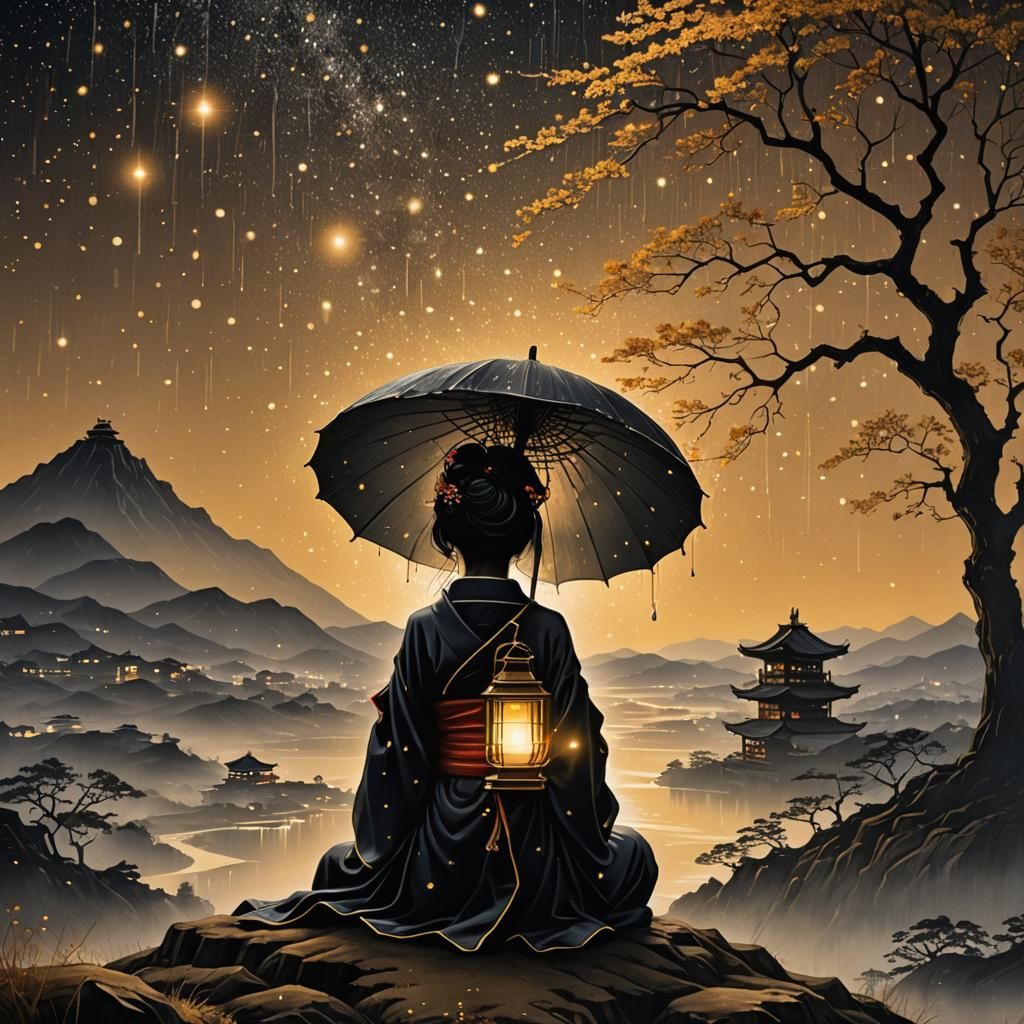Geisha Silhouette in Rainy Japanese Landscape