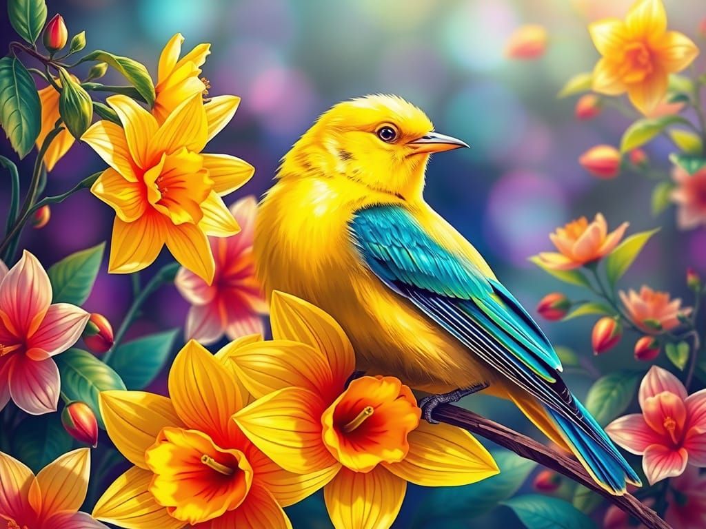 Radiant Canary in a Vibrant Garden with Exotic Flowers