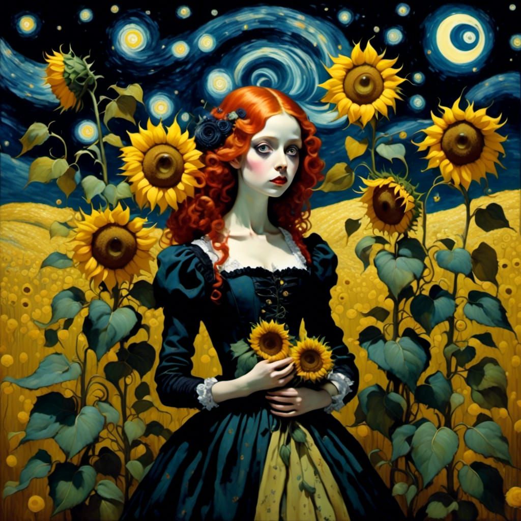 Gothic Starry Night Sunflower Field in Van Gogh Style