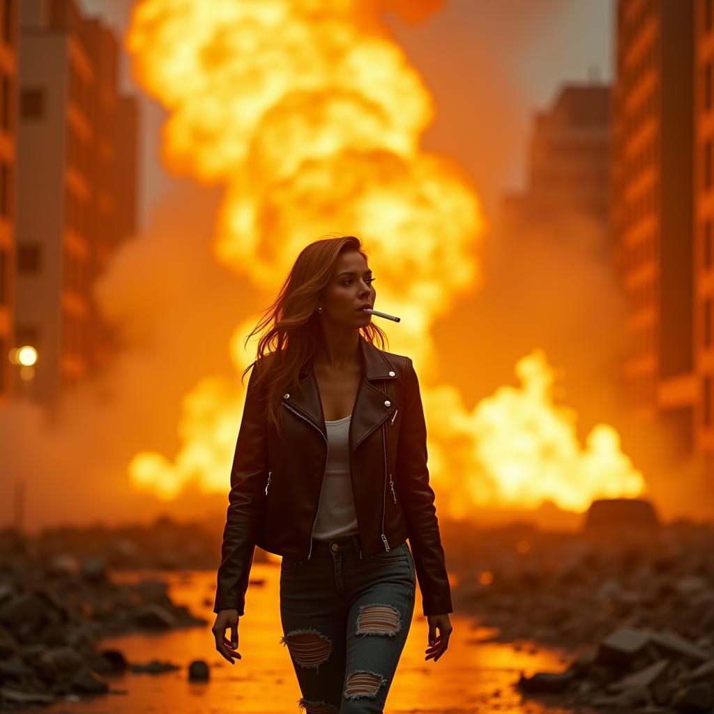 Woman Walks Away from Fiery Cityscape