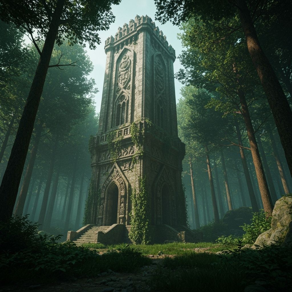 Majestic Tower in Forest, Mystical Industrial Style