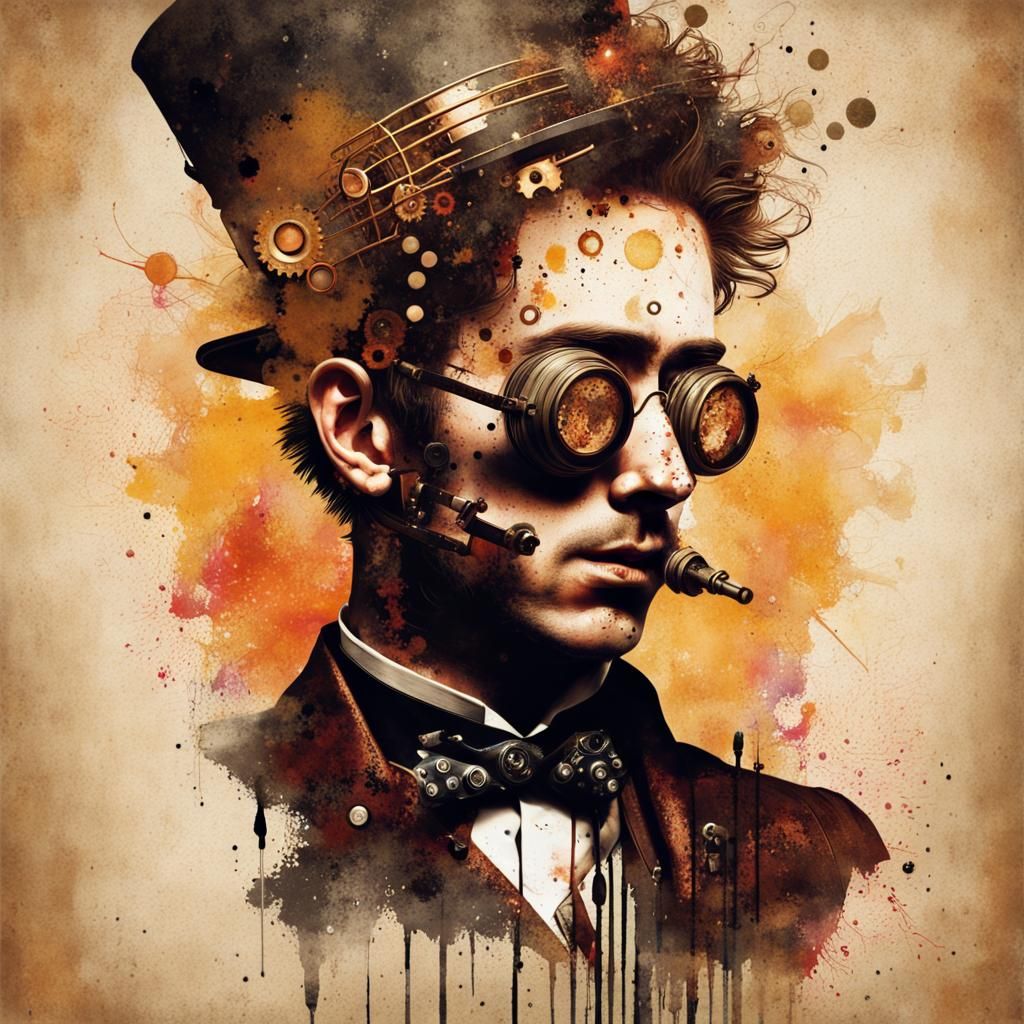 Steampunk Portrait with Edo Art and Double Exposure