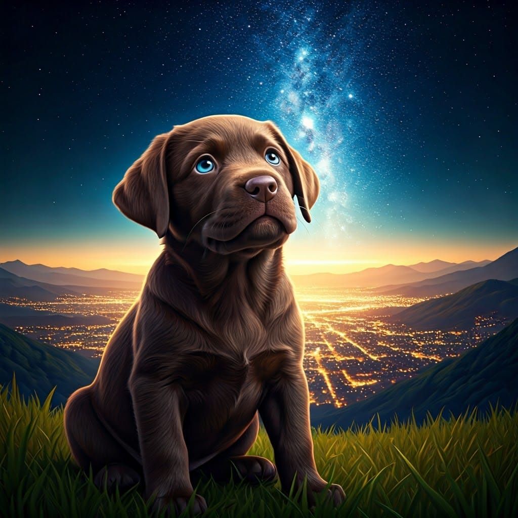 Chocolate Lab Puppy Contemplates Starry Night Sky
