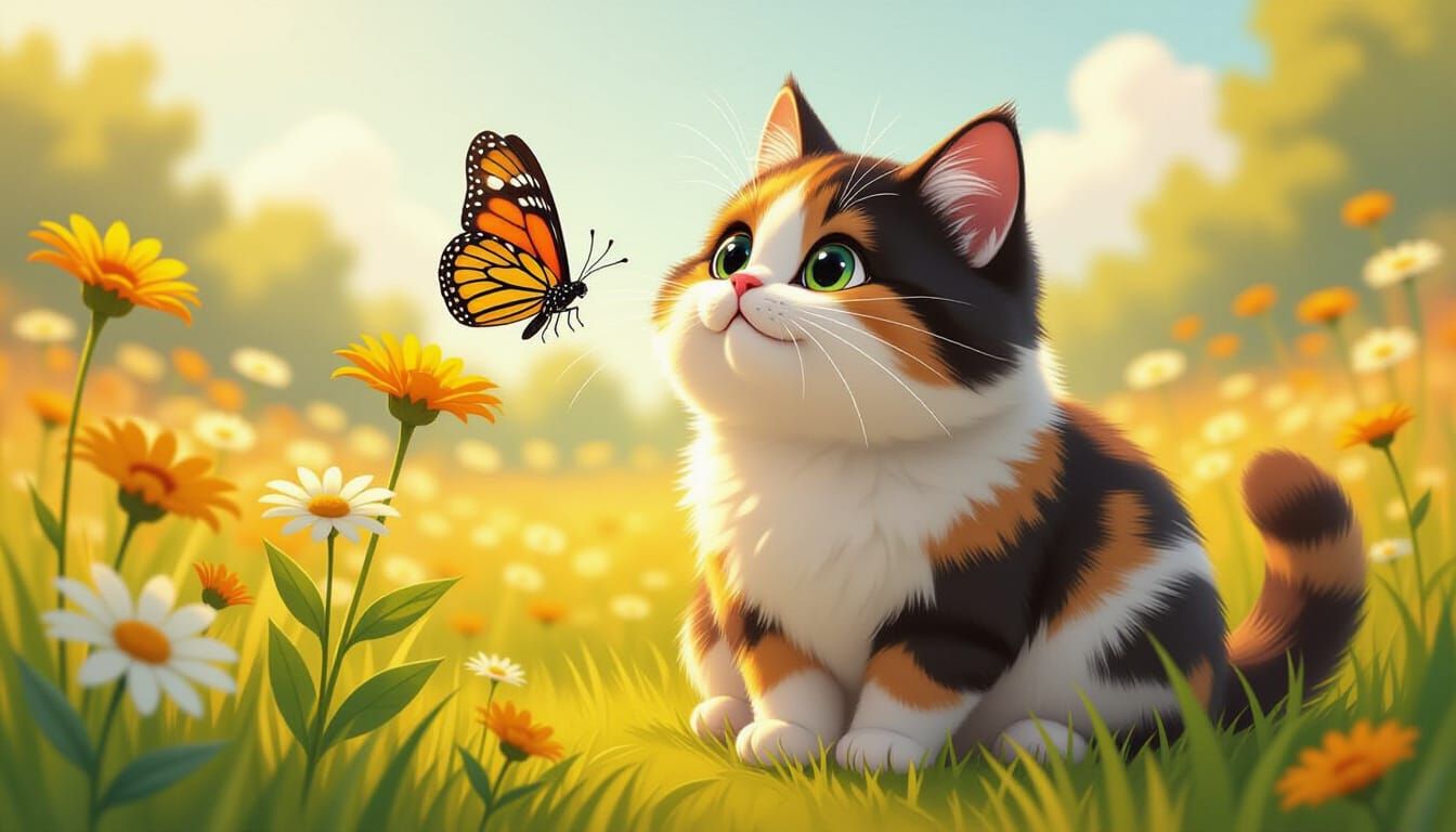 Chubby Calico Cat Stares at Butterfly in Wildflower Field