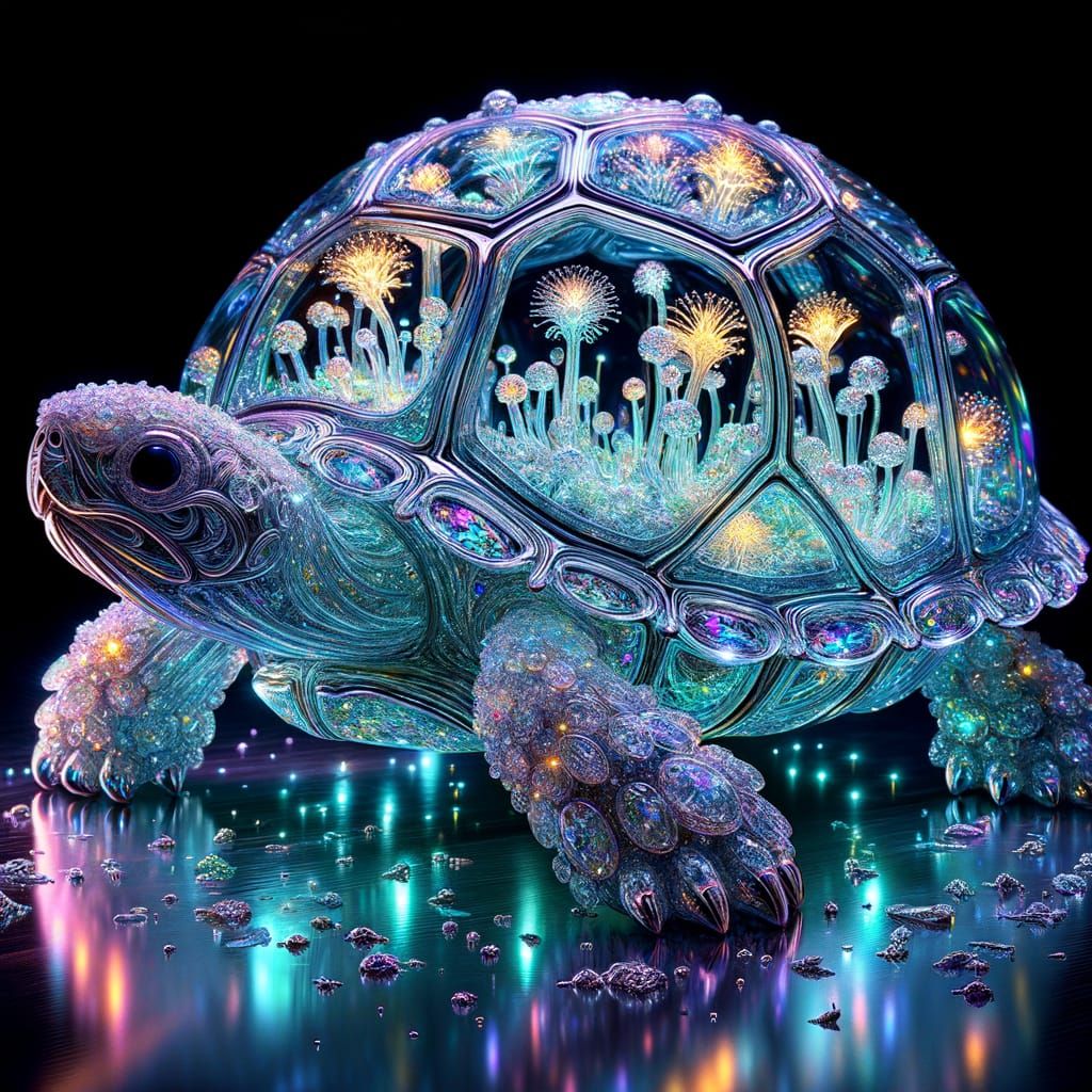 Crystal Turtle Shell Sculpture with Bioluminescent Plants