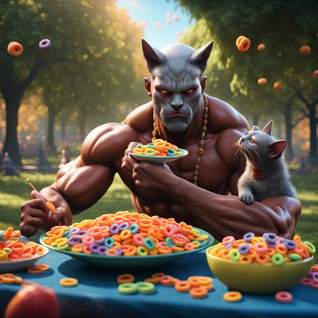Anthropomorphic Cat Man Eating Cereal, Digital Art