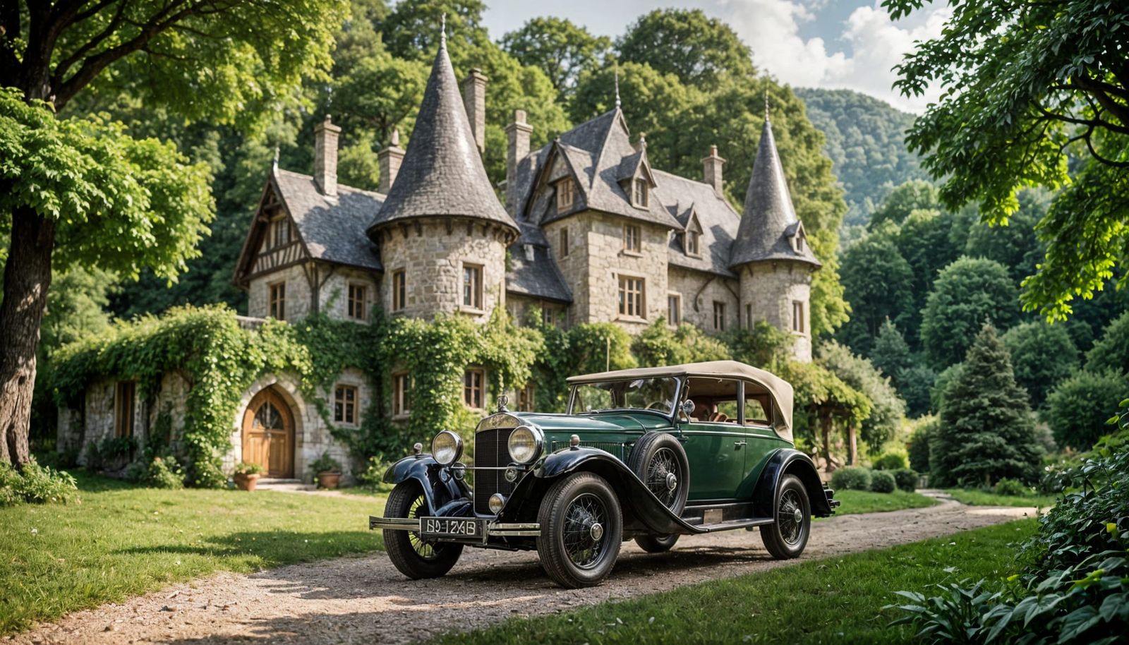 A Vintage Car in Front of a Whimsical Elven Cottage