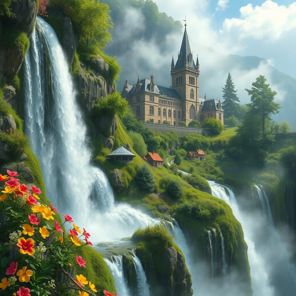 Ethereal Waterfall Scene in Summer