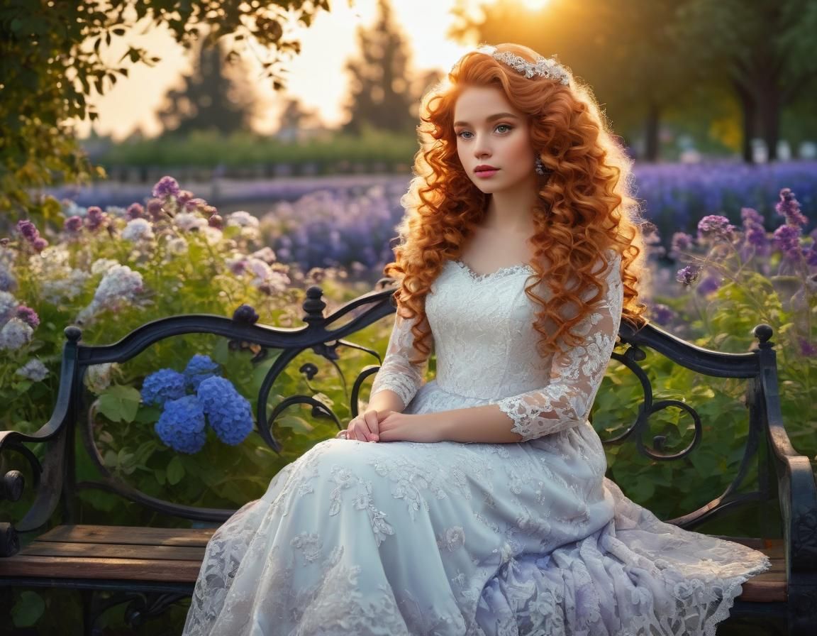Princess in Lace Gown at Sunset