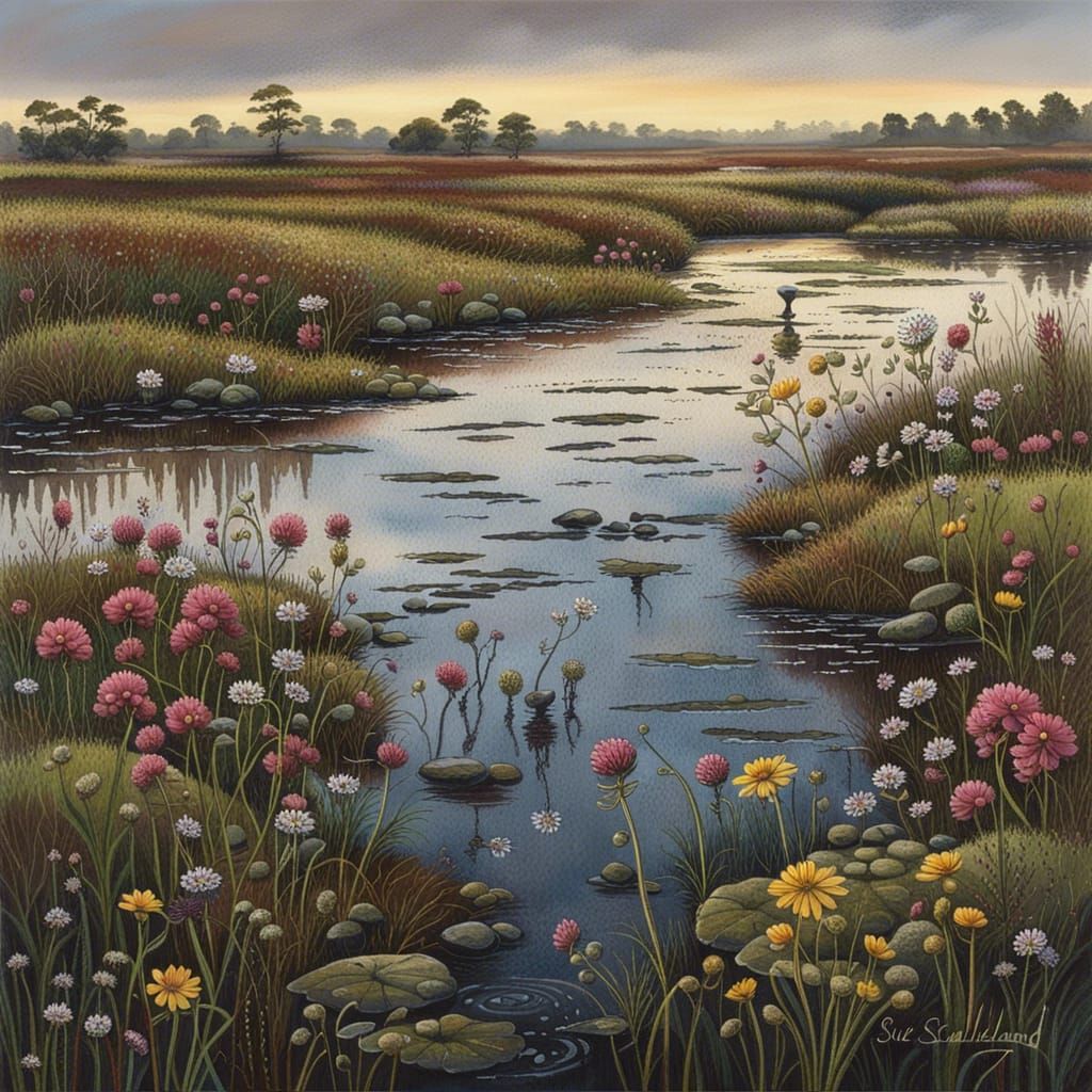 Misty Bog with Wildflowers after Rain