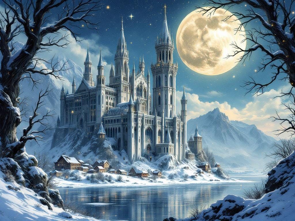 Snowy Gothic Castle in Mystical Winter Valley