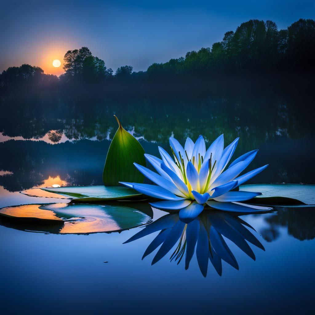 Blue Lily Reflecting Moon in Lake