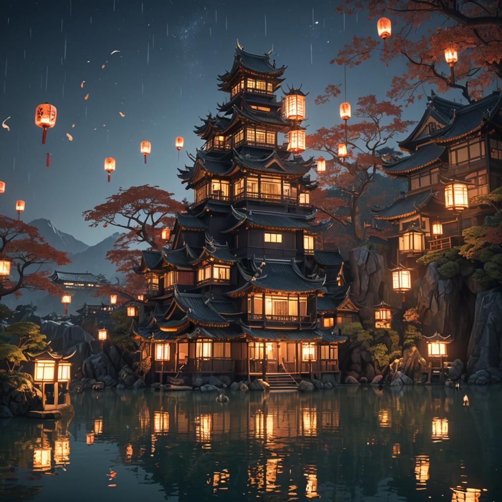 Japanese Bathhouse on Lake at Night: Fantasy Art