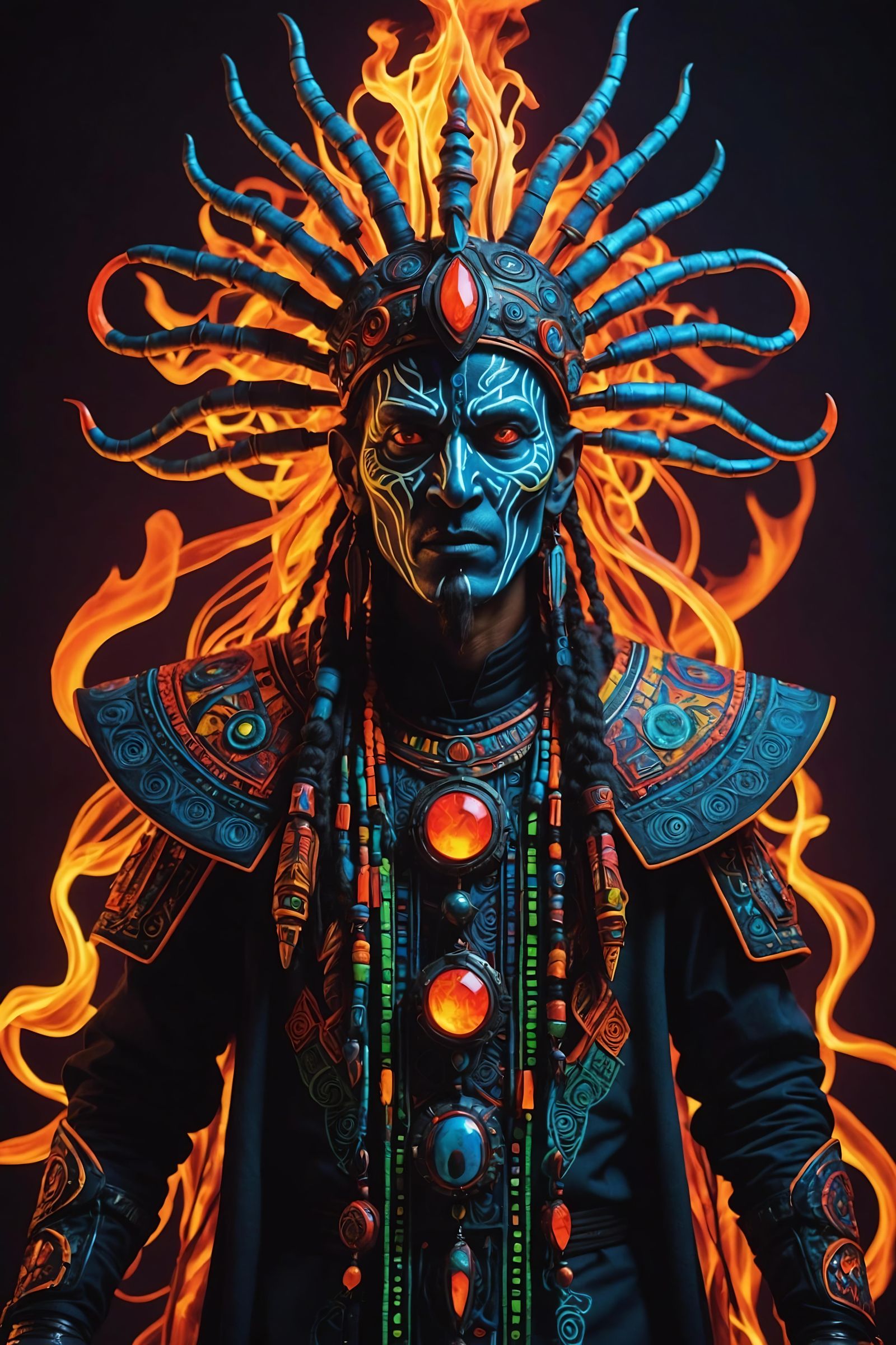 Striking Neon Shaman in Futuristic Environment